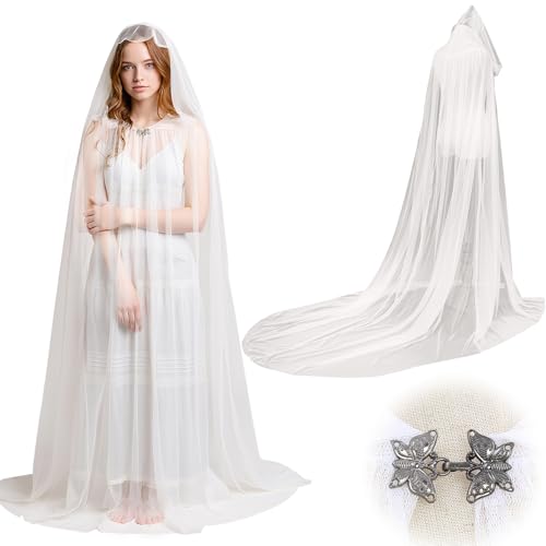 Hercicy Halloween Lace Cape Full Length Hooded Cloak Gothic Witch Sheer Cape for Cosplay Vampire Costume Wedding(White,Charming)