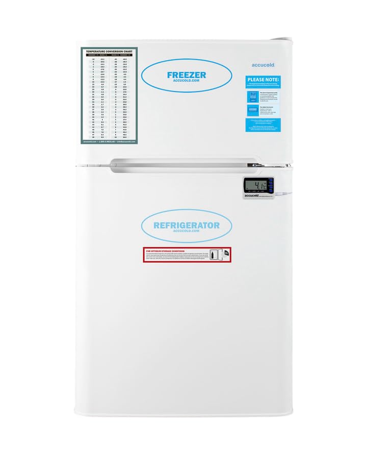 ACCUCOLD 19" Refrigerator - Freezer, Undercounter Fridge, 3.2 cu.ft. Capacity, External Temperature Readout, White - AGP34RFLHD (Left Handed Door Swing)
