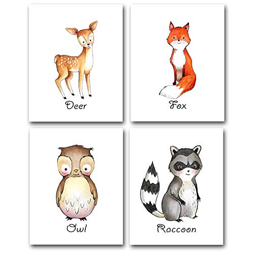 Image of Woodland Animals Poster Prints - Deer Fox Owl Racoon Wall Decor, Nursery Art for Kids Room, Animal Posters For Bedroom, Baby Shower Present Idea, 8"x10" Unframed Art Print (Set of 4)
