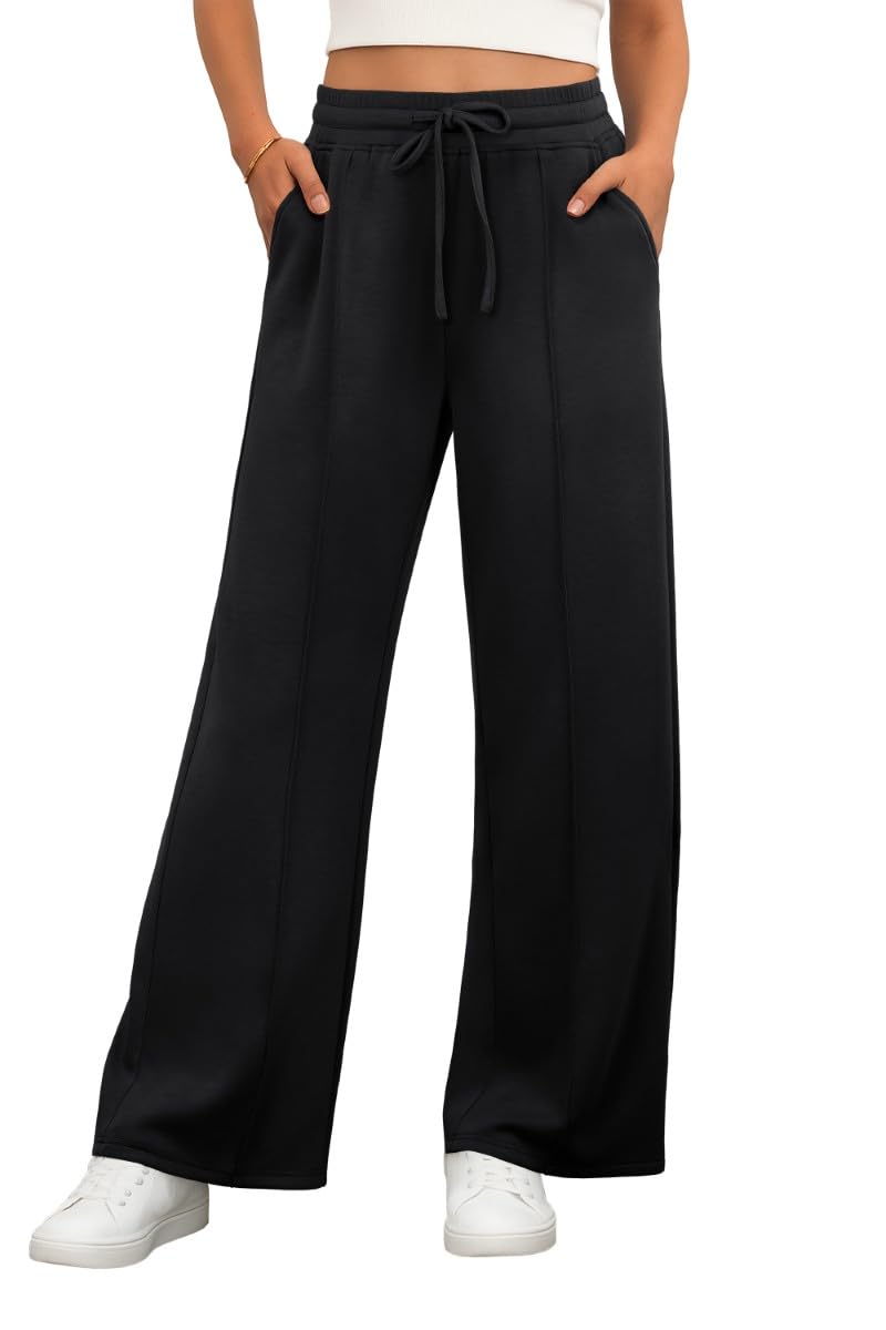 PrinStory Pantaloni da donna elasticizzati, in vita elasticizzata, per il tempo libero, a gamba larga, pantaloni da yoga con tasche