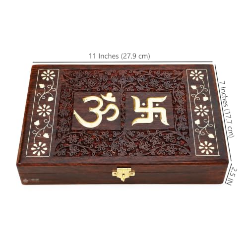 Image of Exquisitely Hand Brass-Filled Wooden OM Box for Good Luck| Jewellery Box (11X7 Inches, Dome)