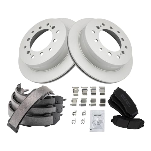 Image of TRQ Rear Brake Pad and Rotor Set Semi Metallic G Coated Rotors Parking Shoe Compatible with 2003-2009 Lexus GX470 Toyota 4Runner 2007-2009 FJ Cruiser 2001-2007 Sequoia