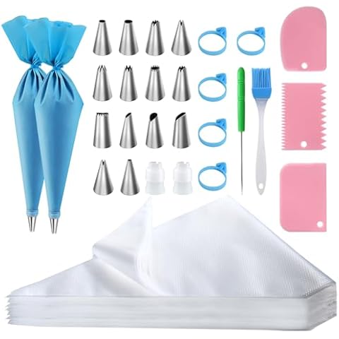 firstake Reusable Piping Bags and Tips Set, 12 Inch Disposable Piping Bags 100pcs, 16 Inch Silicone Pastry Bags 2pcs, Thickened Icing Bags, Anti Burst Cake Decorating Bags, Non-slip Frosting Bags Cover