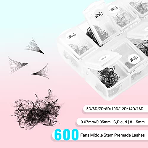 Vavalash 600 Fans Premade Fans Eyelash Extensions 5D 6D 7D 8D 10D 12D 14D 16D 24D Premade Lash Fans 8-15Mm Mixed Length Promade Loose Fans Thin Base Premade Volume Lash Extension(16D-0.05-D-8-15Mm) #TOP2