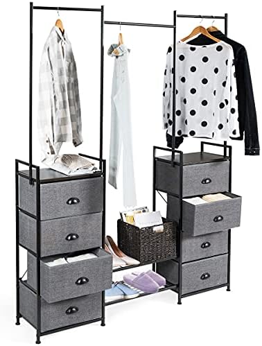 COSTWAY Clothes Hanging Rail, Coat Shoes Display Wardrobe Closet with Drawers, Home Bedroom Living Room Clothing Storage Organiser Stand Garment Rack (Dark Grey, 8 Drawers + 2 Shelf)