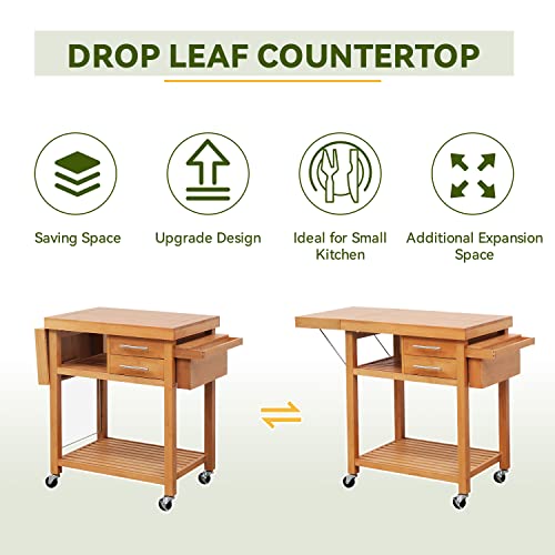 Erommy Rolling Bamboo Wood Kitchen Island Cart, Multi-Purpose Kitchen Trolley Cart On Wheels, Kitchen Cart With Drawers, Folding Wooden Countertop, Open Storage Shelves, Towel Rack, Locking Casters #TOP5