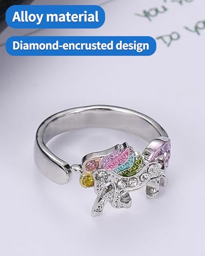 HSIXHAF 1 pcs Regenbogen Einhorn Ring mit Strass Einstellbare Öffnung Cartoon Einhorn Mädchen Ring, Geschenk für Tochter, Enkelin, Kind einer Freundin