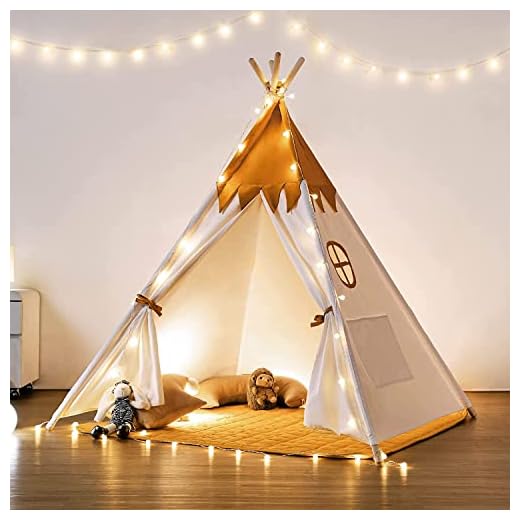 besrey Tipi Infantil Indio para Niños Tienda de Campaña Infantil Canvas Tipi 100% algodón con Alfombra Acolchado (Pollito Amarillo) + Luces de Hadas de 6 Metros