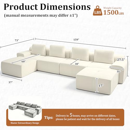 Image of 159 inch U Shaped Oversized Boneless Couch, Comfort Cloud Sectional Couches for Living Room, Modular Sofa High Back & Extra Deep Seat, No Assembly, Soft Chenille(Warm White, 159 inch-U shaped(4+2))