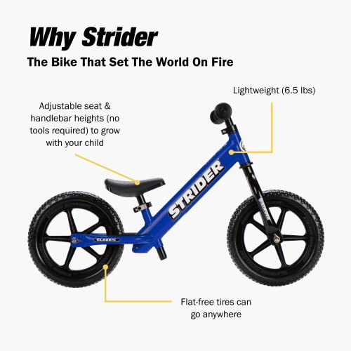 Strider 12” Classic Bike, Blue - No Pedal Balance Bicycle for Kids 18 Months to 3 Years - Includes Built-in Footrest, Handlebar Grips & Flat-Free Tires - Tool Free Adjustments & Assembly