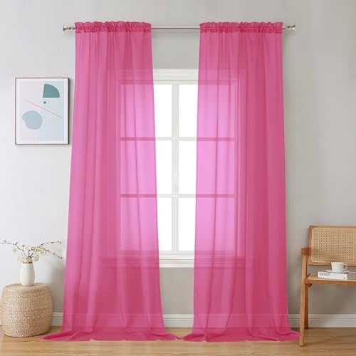 Image of Chyhomenyc Hot Pink Sheer Curtains 96 inches Long 2 Panels, Light Filtering Soft Airy Solid Elegant Voile Window Treatment Drapes for Bedroom Living Room, 42Wx96L, 8FT L