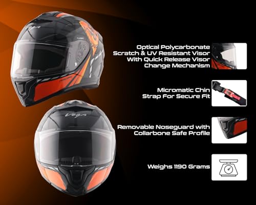 Image of Vega VF 10 Turbo Squad Full Face Riding Helmet with Shock-Absorbing Liner, Dual Tone Design, Lightweight Build, Aerodynamic Fit, Ventilated Interior, and Modern Black Orange Styling Black Orange -M
