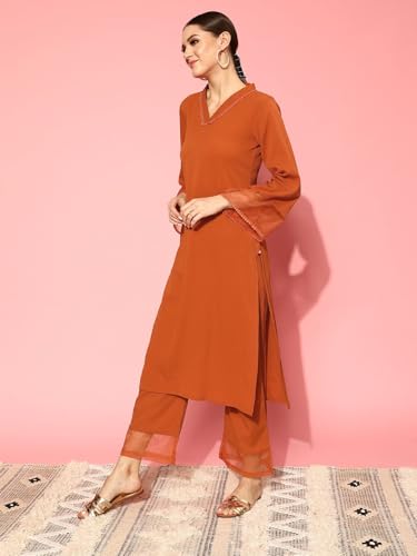 Image of Varanga Women Straight fit Rust kurta with a tonal bottom, designed for comfortable casual and semi formal wear.