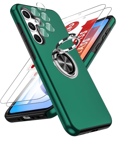 LeYi for Samsung Galaxy A35 5G Case with 2 Tempered Glass Screen Protector, 2 Camera Lens Protector and Invisible Phone Ring Holder, Shockproof Protective Phone Cover for Samsung Galaxy A 35 - Green