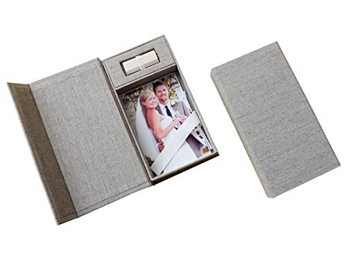 Elegantdisk Bruiloft USB-opbergdoos met fotobox, linnen stof grijs. Zonder USB-stick