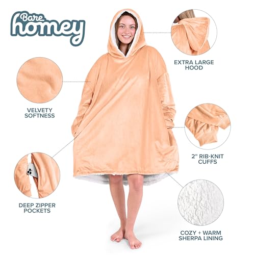 Image of Bare Home Wearable Blanket Hoodie - Soft Plush Sherpa - Warm and Cozy - Oversized Wearable Blanket