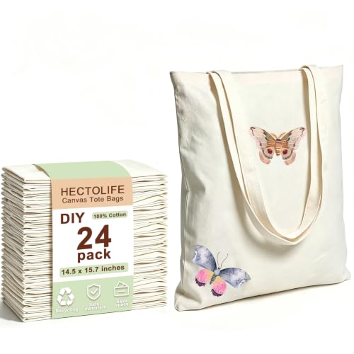 HECTOLIFE 24 Pack Canvas Tote Bags,Reusable Blank Canvas for Shopping Bags