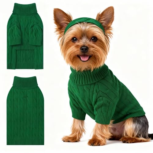 Image of Small Dog Thermal Pullover Sweater, Classic Turtleneck Cable Knitwear Dog Clothes for Cold Weather Warm Pet Clothes for Chihuahua, Bulldog, Dachshund, Pug Green Small