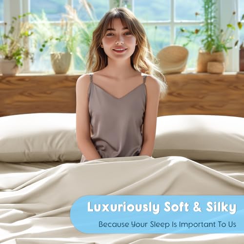 Image of SONORO KATE 1000 Series 100% Egyptian Cotton Queen Sheet Set,4 Pieces | Soft,Breathable Long Staple,Sateen Weave,Luxury 5-Star Hotel Bed Sheets,16 inch Deep Pocket,Cream