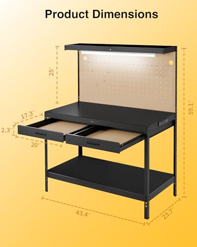 Image of Pterying Work Benches for Garage, 3-Tier, A3 Steel | For Garage, Workshop & Basement, 2 Drawers, 4 AC Outlets, 2 USB Ports, Pegboard, 12 Hooks, 600 LBS