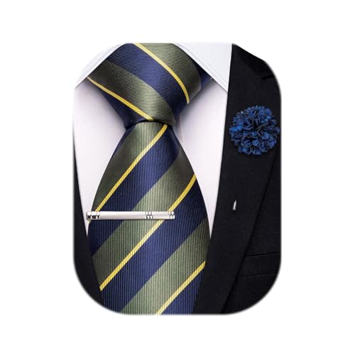 Image of Hi-Tie 63 inches Striped Paisley Extra Long Ties for Men Silk Necktie with Lapel Pin Tie Clip Big and Tall Men Formal Wedding