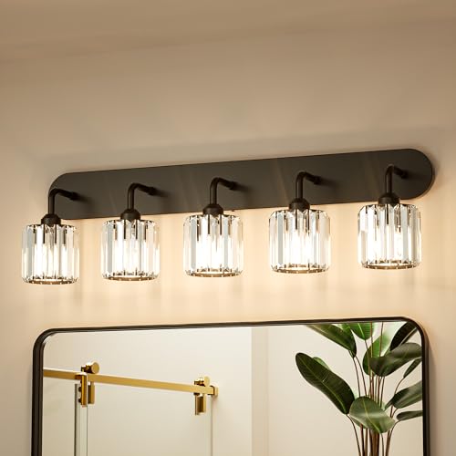 Keonjinn 5-Light Bathroom Light Fixtures, Crystal Black Bathroom Vanity Lights