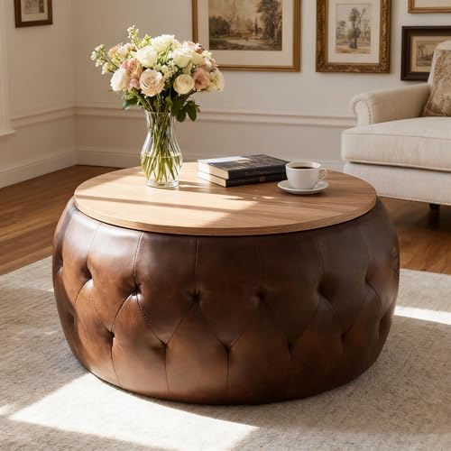 YDcosyfy 25 Inches Large Round Storage Ottoman Modern Upholstered Ottoman Coffee Table Wooden Top Faxu Leather Surface for Living Room Bedroom Classic Tufting Brown