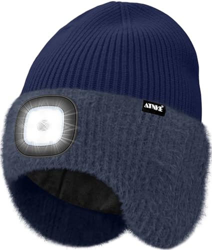 ATNKE LED Lighted Beanie Hat with Earflap, USB Rechargeable 4 LED Hands Free Head Torch Running Headlamp Cap with Light Winter Warm Fleece Lined Knit Beany Gifts for Men and Women/Navy Blue