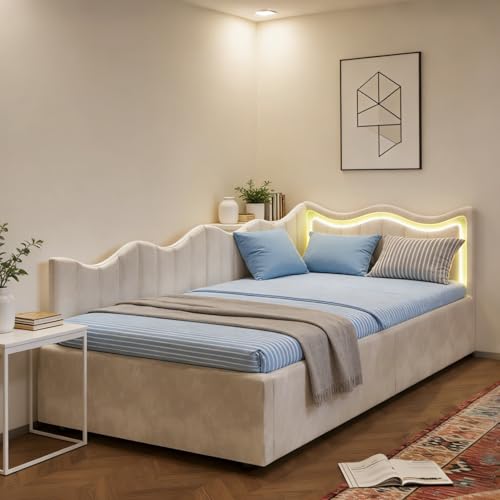 YNYHTER Cama tapizada para sofá cama de 90 x 200, con iluminación LED, cama de almacenamiento hidráulico, cama juvenil con espacio de almacenamiento, cama de día con somier, cama individual