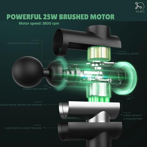 Image of KLEN Rechargeable Massager Gun For Body Pain Relief with 4 Interchangeable Heads Cordless Electric Handheld Massage Machine for Back, Neck, Shoulders & Legs and Adjustable Speeds