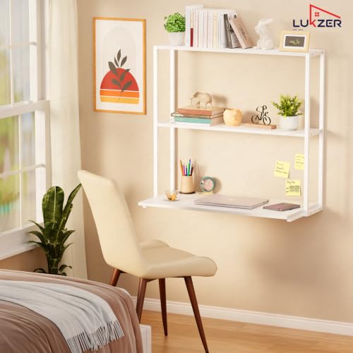Image of Lukzer Wall Mounted Study Table with Multipurpose Storage Shelves (MMR-007 /White & White) Engineered Wood & Metal Frame, Space Saving Work Desk for Laptop, Bookshelf, Decor & Home Office (83x79x40 cm)