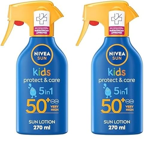 NIVEA SUN Kids Protect & Care SPF 50+ Trigger Spray (270ml), Water-Resistant Sunscreen Spray, Sun Cream for Children Provides Instant and Effective UVA + UVB Protection (Pack of 2)