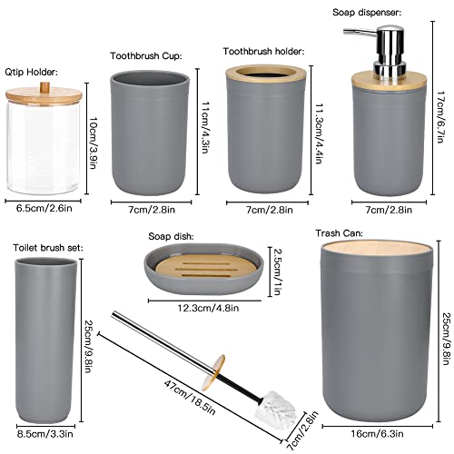 JOTOM 7 Pieces Bamboo Bathroom Accessories Bathroom Accessory Set Luxury Modern Plastic Bath Set Toothbrush Holder Tumbler Qtip Holder Toilet Brush Set Soap Dish Trash Can Soap Dispenser Gift (Grey) - Image 6