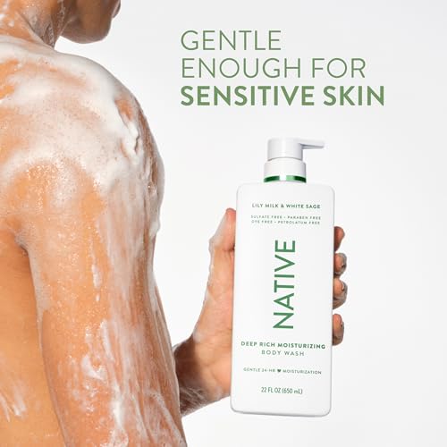 Image of Native Moisturizing Body Wash, Clean & Gentle 24-Hour Hydration with Shea Butter, for Sensitive and Dry Skin, for Women & Men, Sulfate-free, Paraben-free, Lily Milk & White Sage, 22 fl oz
