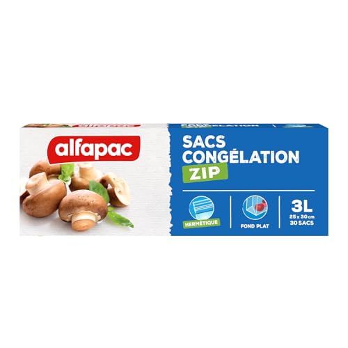 Alfapac - 30 Sacs congélation Zip 3L à Fond Plat - hermétique et réutilisable