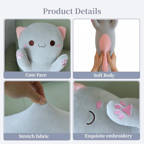 Image of Long Cat Plush Toy - Ultra Soft Cat Plush Pillow Stuffed Animal for Kids & Adults, Kawaii Kitty Body Pillow, Cute Plushie Gift for Kids Girlfriend (Gray, Round Eyes, 60cm /23.62inch)
