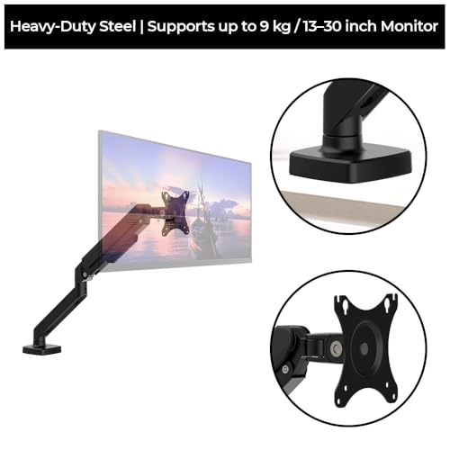 Image of Single Monitor Arm with Laptop Tray| Full Motion Adjustable Stand| Gas Spring Mount for 13-30 Inch Screens| 1 Year Warranty| VESA 75x75 /100x100 Compatible| Clamp & Grommet Base
