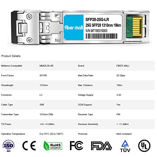 Image of 25G SFP28 LR for Mellanox MMA2L20-AR,25GBASE-LR SFP28 1310nm 10km DOM LC SMF Optical Transceiver Module