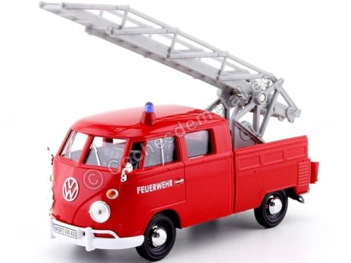 Motormax Volkswagen Type 2 (T1) Fire Truck con Escalera Aérea Feuerwehr Rojo Modelo de Auto Diecast 1/24 miniatura 3
