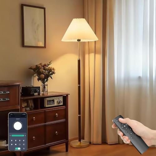 CRLL Lampadaire pour Salon avec Télécommande, App et Interrupteur au Pied, 3 Températures de Couleur, Abat-jour Plissé, Pied Imitation Bois Rouge, 12W