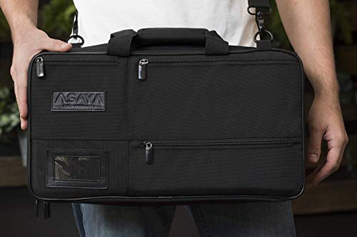Asaya Chef Knife Bag - 28 Pockets For Knives And Kitchen Utensils - Durable Ballistic Nylon, Black Stainless Steel Hardware, Card Holder And Adjustable Shoulder Strap - Knifes Not Included (Black) #TOP1
