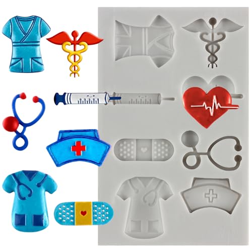 MINFEIDMS Nurse Graduation Themed Fondant Molds Silicone Doctor Nurse Grad Hat Medical Equipment Candy Mold For Cake Decorating Cupcake Topper Candy Chocolate Gum Paste Polymer Clay