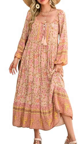 R.Vivimos Boho Maxi Dresses for Women 2026 Floral Print Long Sleeve Casual  Button Up Loose Flowy Beach Long Dresses (Small, Apricot) at Amazon Women's  Clothing store