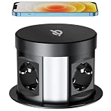 TORRETTA CON CARICA WIRELESS Incasso Cucina, Isola, Tavolo, Scrivania, A SCOMPARSA Pop Up 3 prese schuko, 2 USB TIPO A 1 USB tipo C, cavo 1,8 metri, Ø foro 80 mm. struttura Plastica coperchio Nero