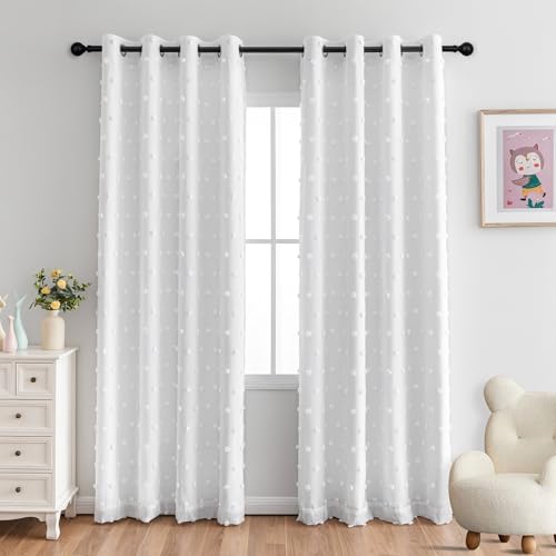 Image of MYSKY HOME 100% White Blackout Curtains for Living Room Bedroom 84 Inches Long Total Light Blocking Drapes for Girls Room Thermal Insulated Curtains with Pom Pom Sheer Grommet Set of 2, 52W x 84L