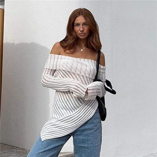 Image of Womens Off The Shoulder Sweater - Sexy Sheer Knit Relax Fitted Long Sleeve Asymmetrical Blouse Tops White M