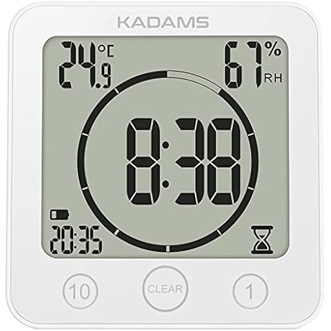 KADAMS Digital Bathroom Shower Kitchen Clock Timer with Alarm, Waterproof for Water Splashes, Visual Countdown Timer, Time Management Tool, Indoor Temperature Humidity, Suction Cup, Hole Stand - White Cover