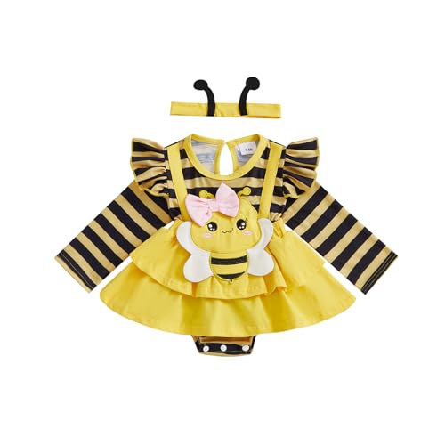 VISGOGO Baby Girl Romper Dress Newborn Bee Fall Winter Clothes Infant Striped Jumpsuits with Headband