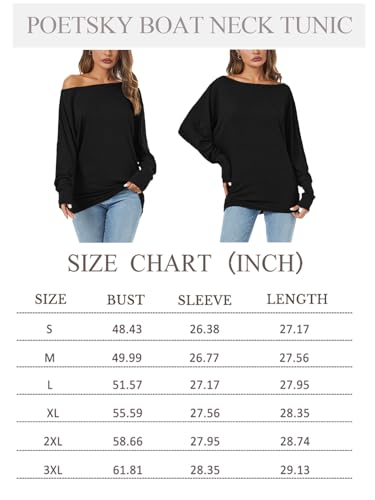 Poetsky Long Sleeve Shirts For Women Casual Boat Neck Off Shoulder Tunic Tops Loose Fitting Oversized Blouses Black M thumb #6