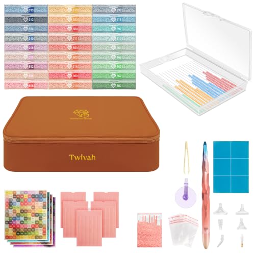 Image of twivah 27 Pcs Diamond Art Storage with Bag, 2-in-1 Diamond Art Trays Container with Lids, Diamond Painting Accessories with Color Stick, Diamond Art Kits for Adults & Kids Christmas, Birthday (Brown)